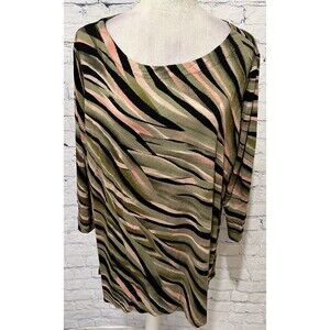 Belle by Kim Gravel QVC Tiger Print 3/4-Sleeve Knit Top Green Plus Size 1X